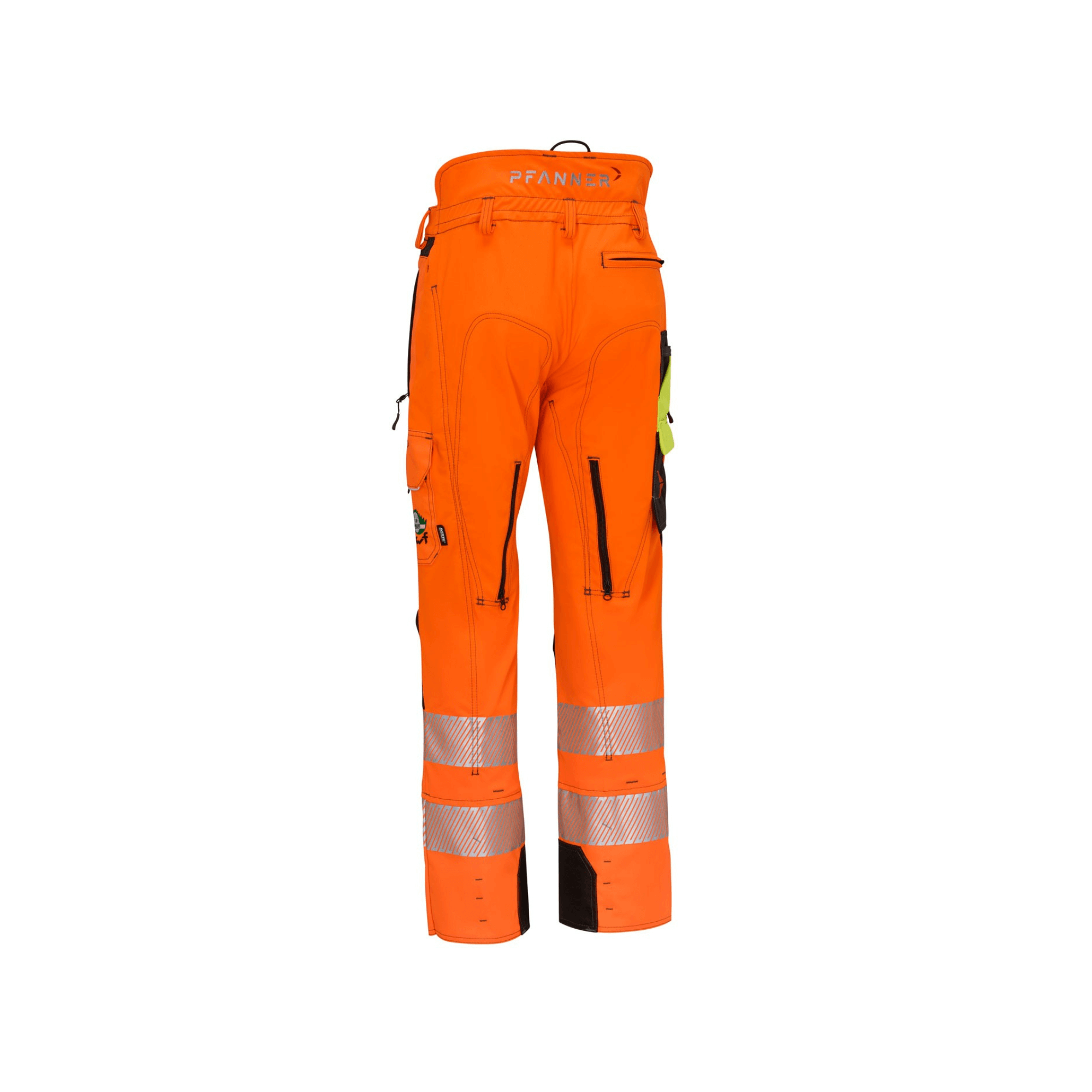 Ventilation Chainsaw Trousers Hi-Vis Orange Type A showcased from the back, featuring reflective details and pockets.