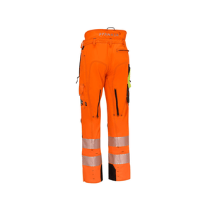 Ventilation Chainsaw Trousers Hi-Vis Orange Type A showcased from the back, featuring reflective details and pockets.