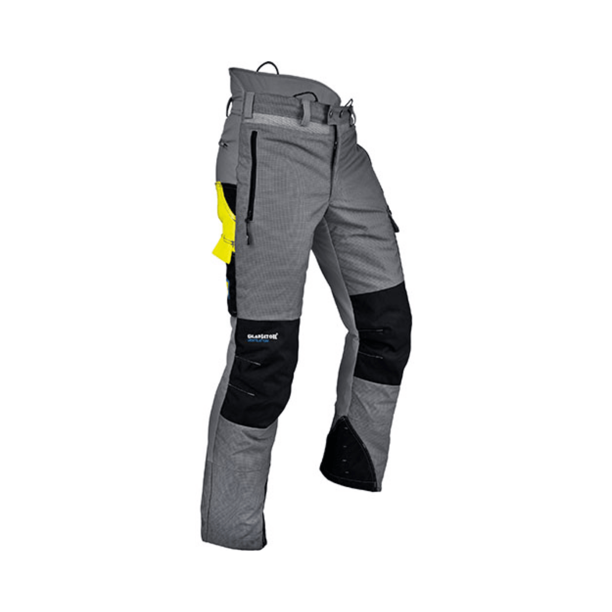 Ventilation Chainsaw Trousers Type C in grey and black with yellow accents for professional forestry work.