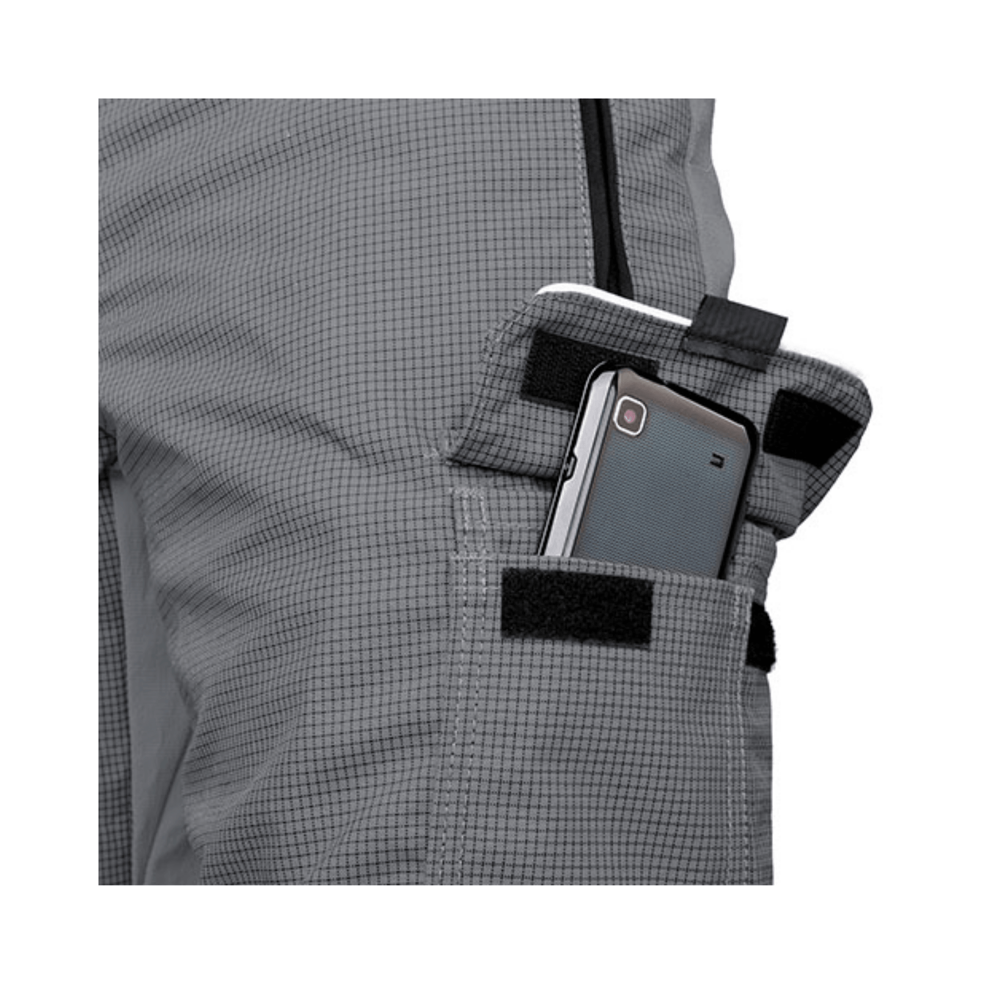 Close-up of the pocket design on Pfanner Ventilation Chainsaw Trousers Type C, featuring a phone holder.