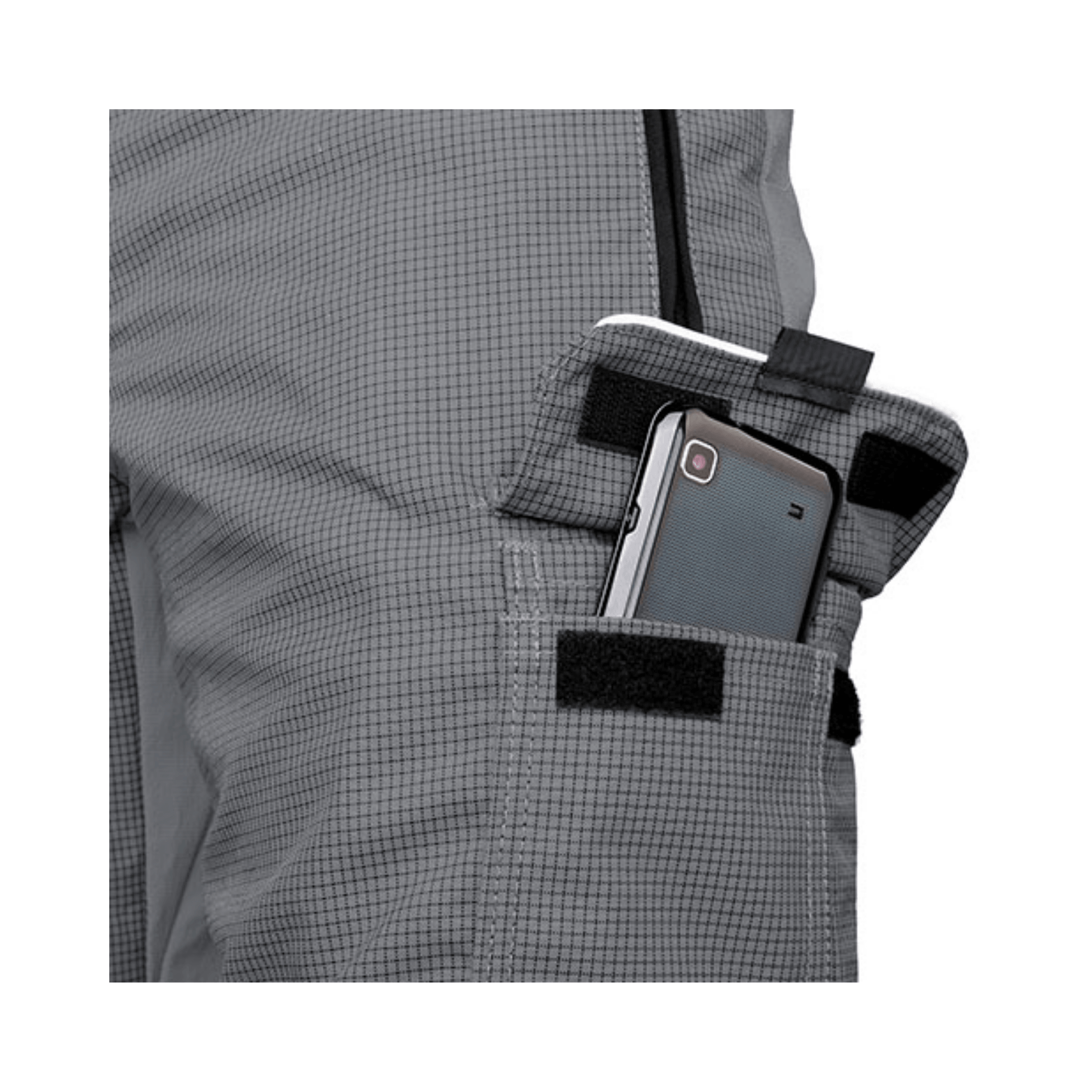 Close-up of the pocket design on Pfanner Ventilation Chainsaw Trousers Type C, featuring a phone holder.
