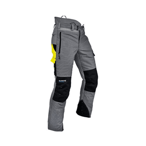 Ventilation Chainsaw Trousers Type A in gray with black and yellow accents, designed for arborists and forestry professionals.