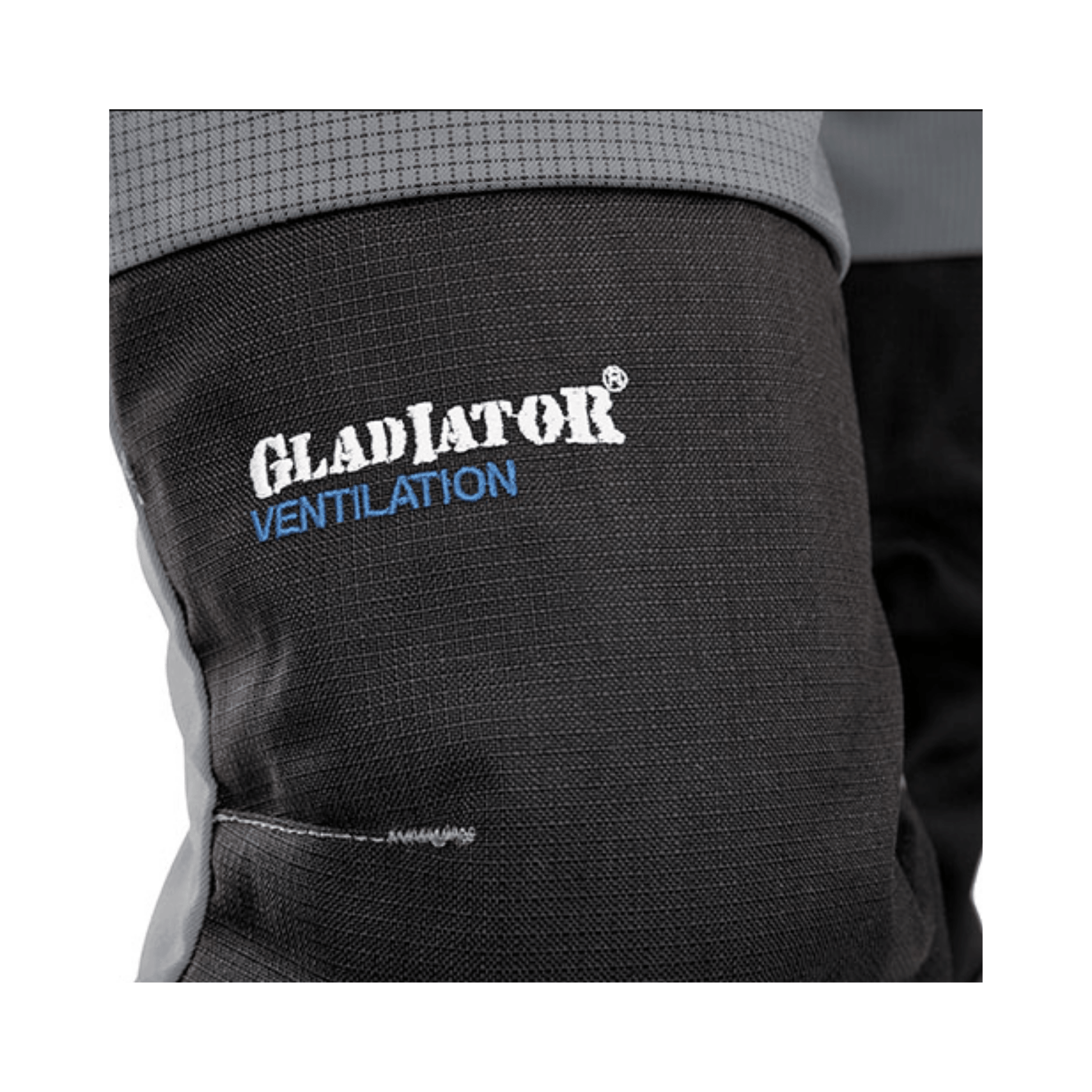 Close-up of Gladiator® Ventilation logo on Pfanner Ventilation Chainsaw Trousers Type A, showcasing quality fabric.