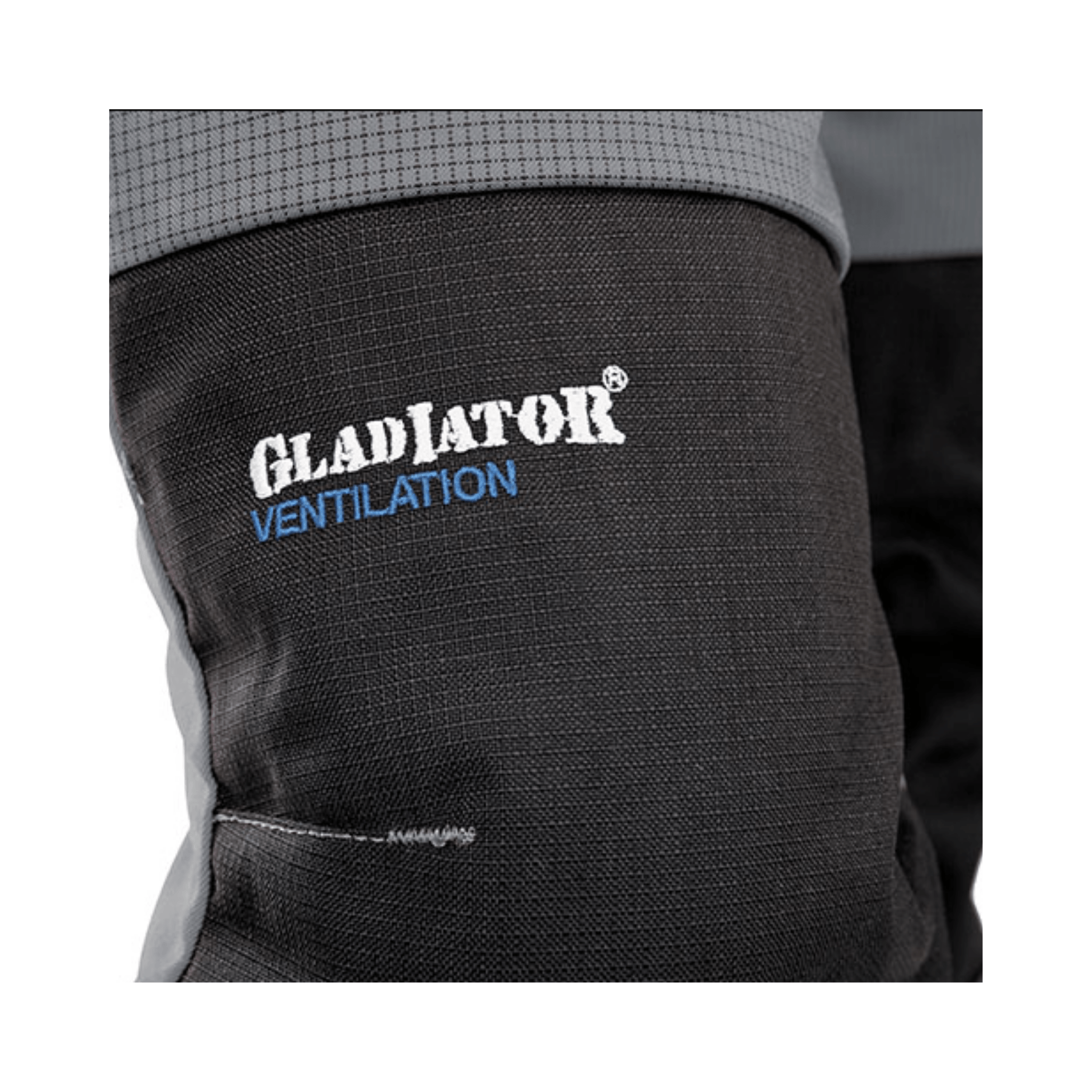 Close-up of Gladiator® Ventilation logo on Pfanner Ventilation Chainsaw Trousers Type A, showcasing quality fabric.