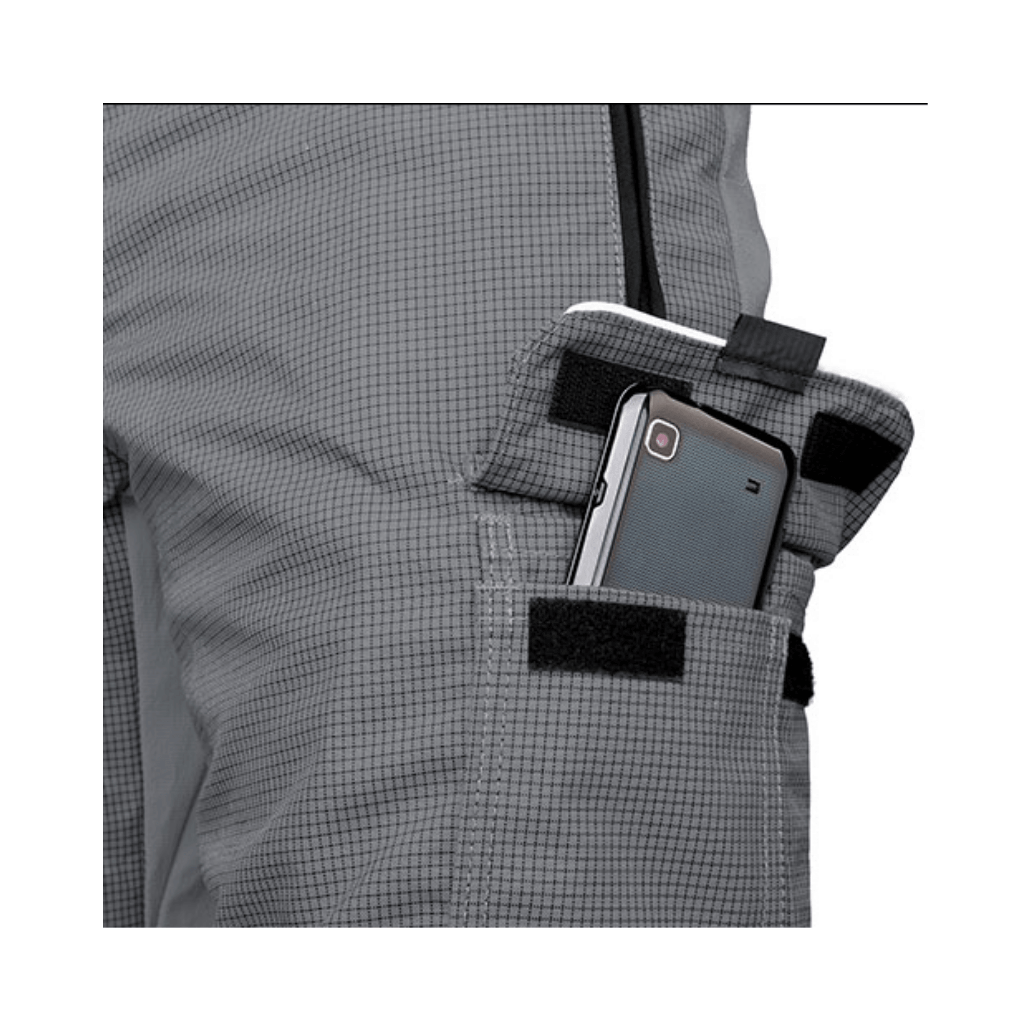 Close-up of a pocket in Ventilation Chainsaw Trousers Type A with a phone securely stored inside.