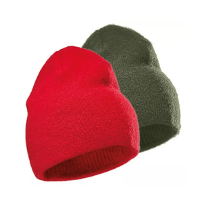 Red and green knit beanie hats on a white background