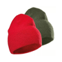 Red and green knit beanie hats on a white background