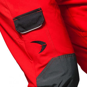 Close-up of Pfanner Arborist Chainsaw Trousers in red, featuring reinforced knee pads and pockets for tree surgeons.