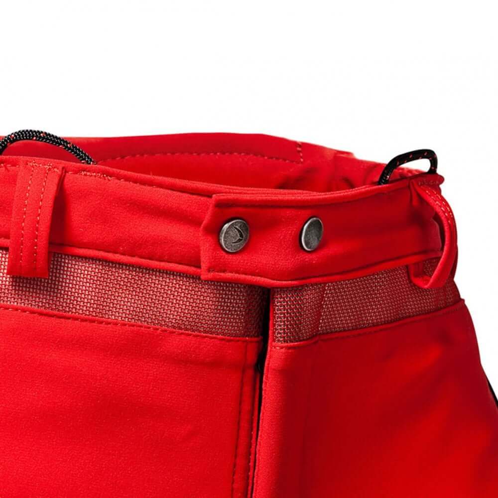Close-up of the waistband of Pfanner Arborist Chainsaw Trousers in red, featuring adjustable buttons and a reinforced design.