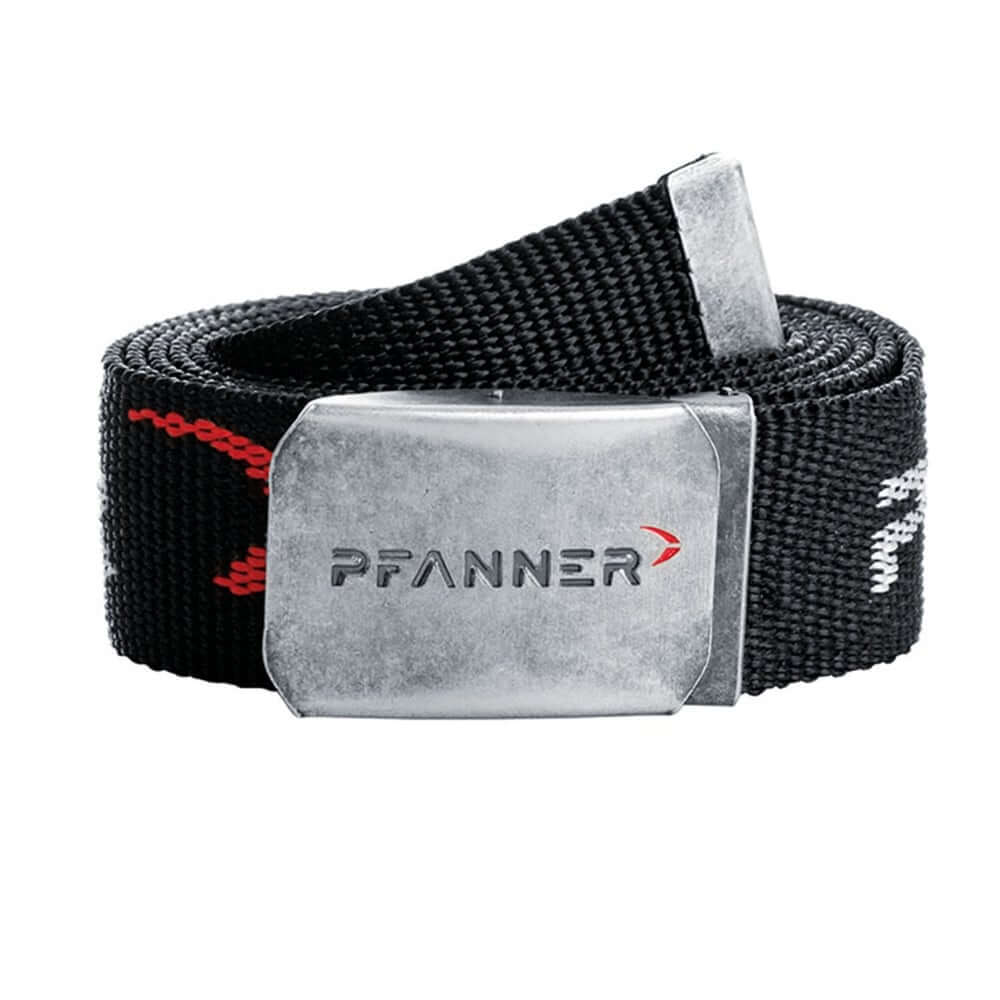 A black webbing belt with a metal buckle featuring the embossed Pfanner logo, and red accents on the belt.