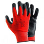 A pair of red and black Pfanner StretchFlex fine grip workwear gloves with dotted grip pattern on the palms and fingers.