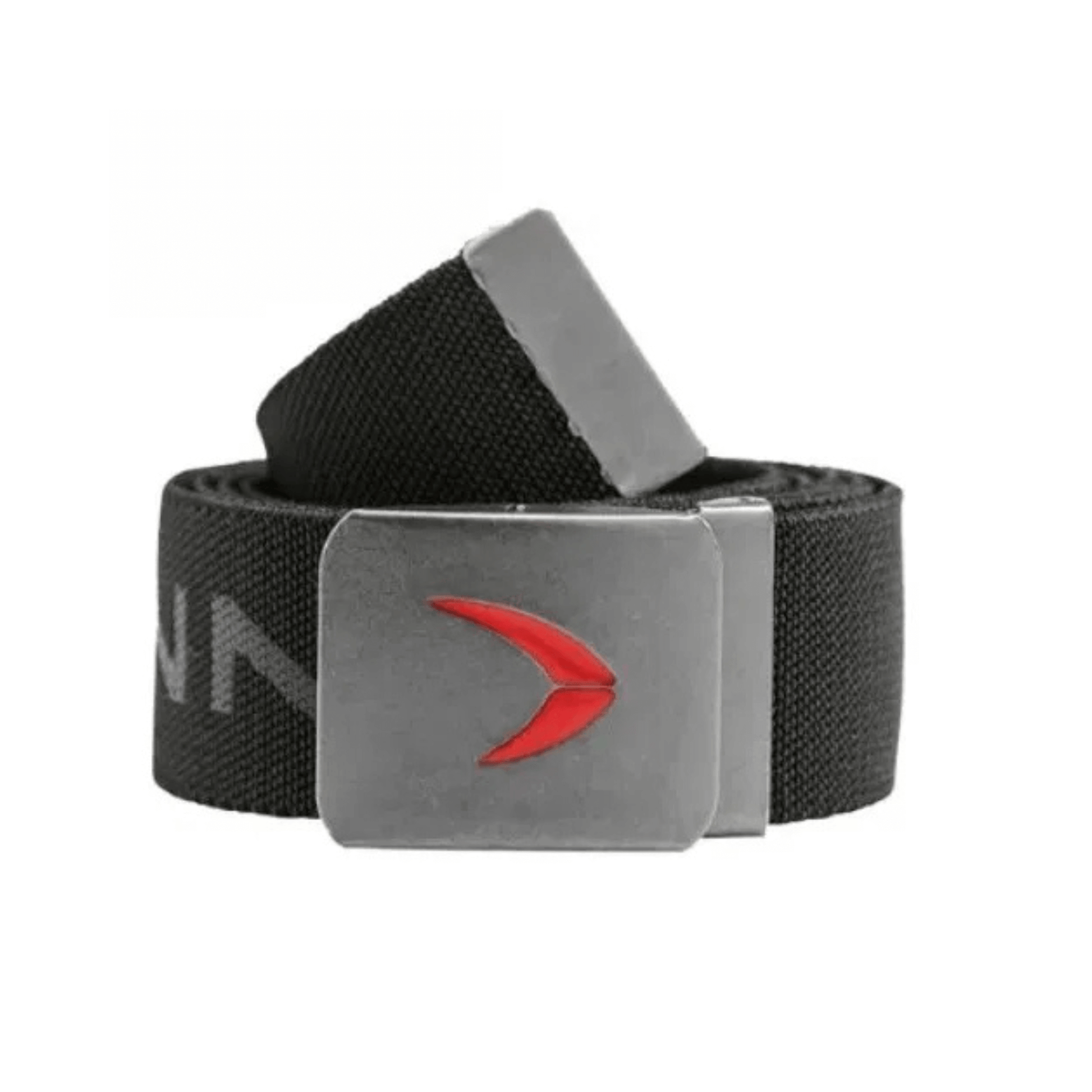 Black belt with a silver buckle and red logo on a white background