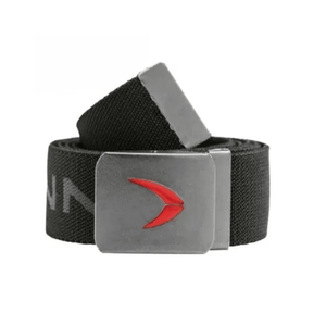 Black belt with a silver buckle and red logo on a white background