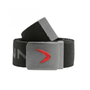 Black belt with a silver buckle and red logo on a white background