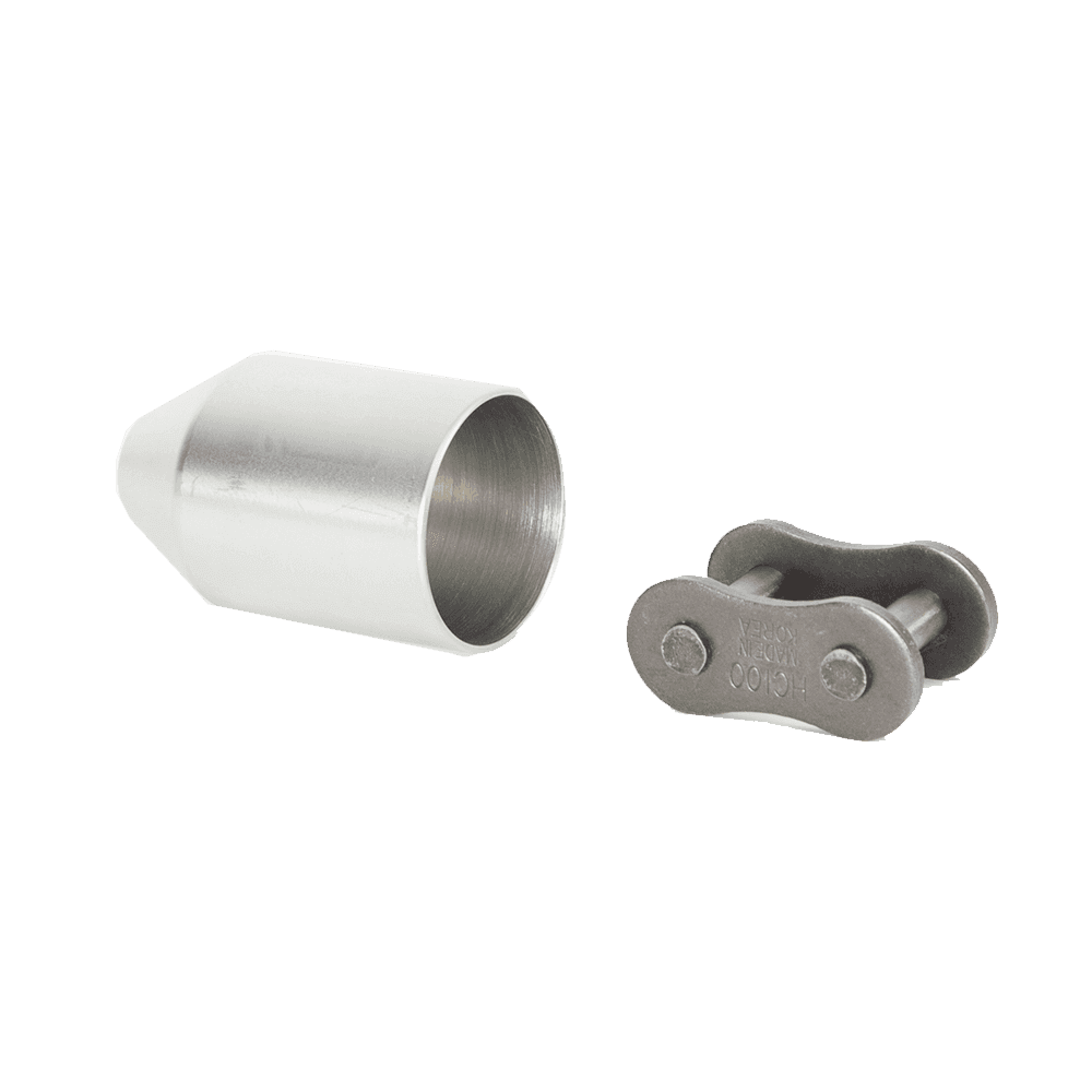 A silver automatic rope release device, consisting of a cylindrical housing and a metal chain release mechanism.