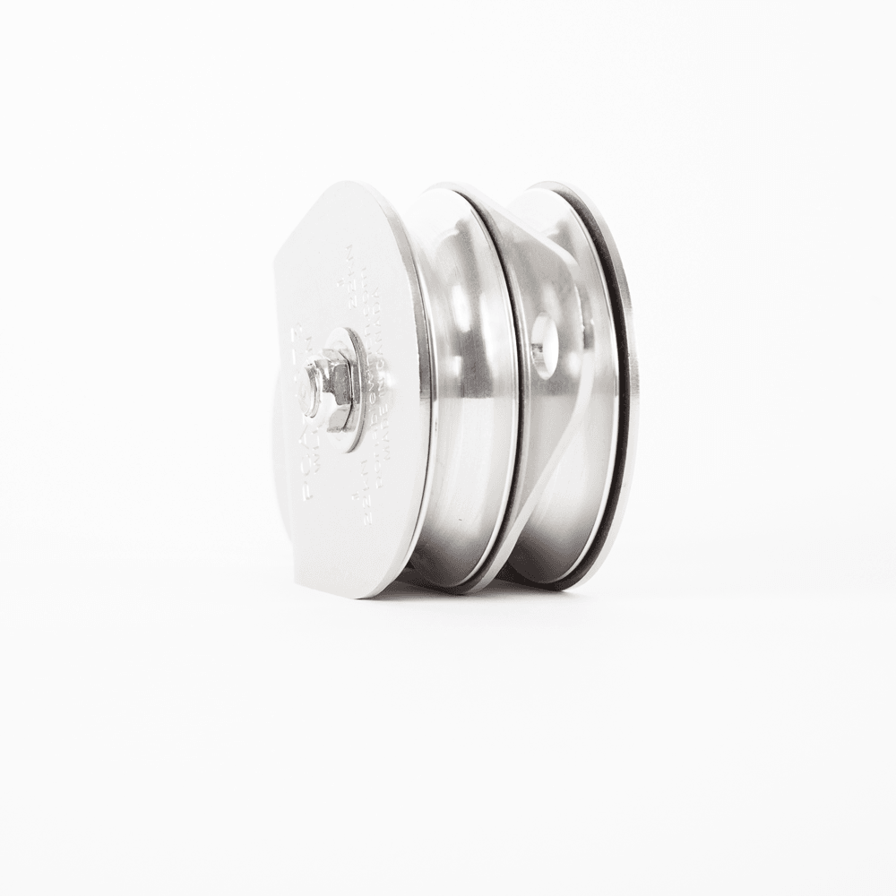 Double swing side pulley sheave 100mm for tree surgeons, featuring aluminum sheaves and stainless steel plates.