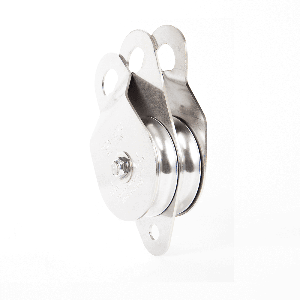 Double swing side pulley sheave 100mm for tree surgeon use, featuring stainless steel construction and aluminum sheaves.