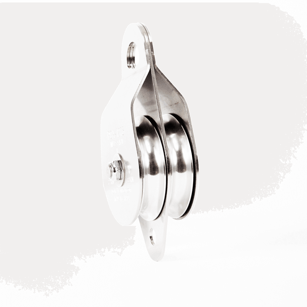 A stainless steel swing side snatch block with two 100 mm diameter aluminium sheaves and a central stainless steel shaft.