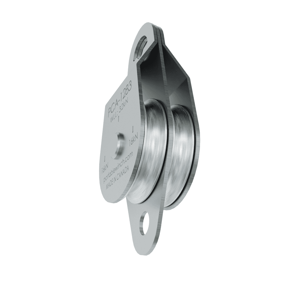 A silver-colored double swing side pulley sheave, 76mm in diameter, typically used for hauling or hoisting heavy loads.