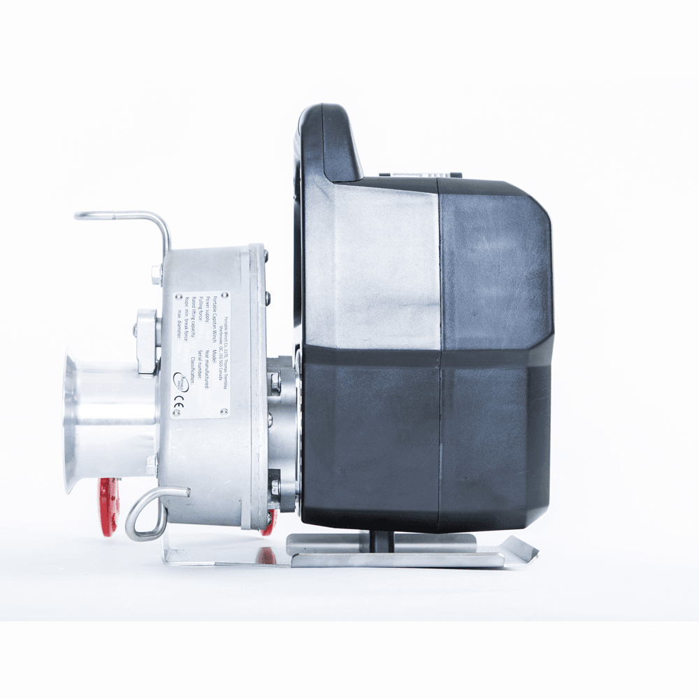 Portable winch PCW3000-LI-K battery winch kit side view with metal and plastic components for hauling up to 1000kg.