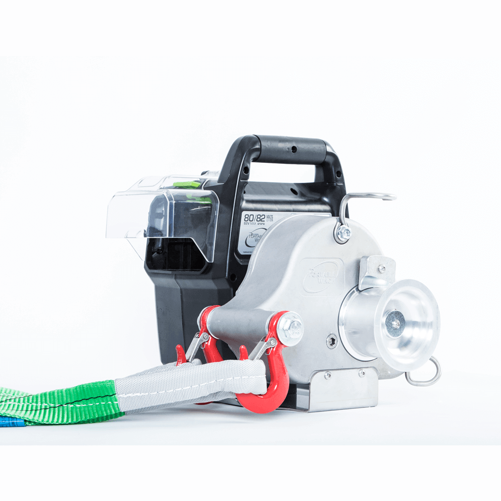 PCW3000-LI-K Battery Winch Kit with cable and hook, designed for hauling heavy loads up to 1000kg for tree surgeons.