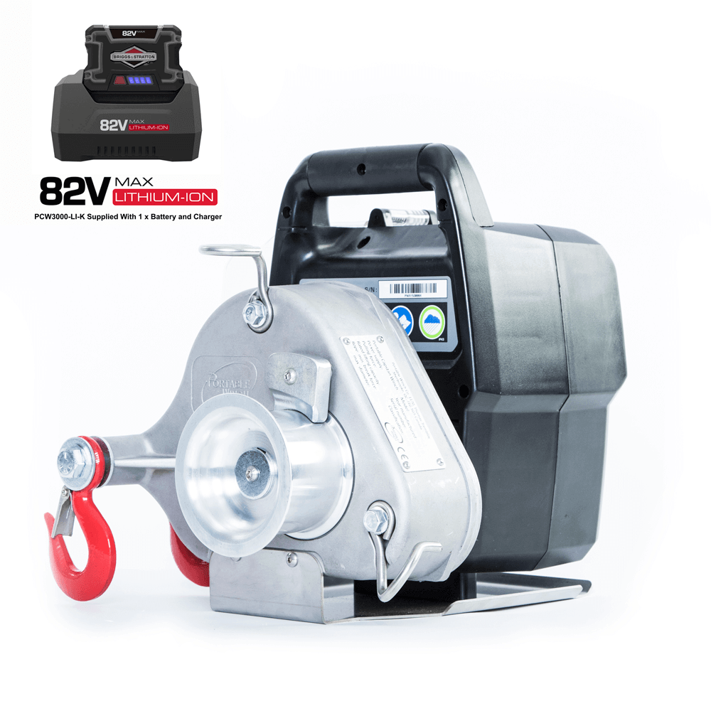 A portable battery-powered winch with a black body and metallic components, including a drum and a rope, designed for hauling heavy loads.