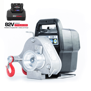 A portable battery-powered winch with a black body and metallic components, including a drum and a rope, designed for hauling heavy loads.