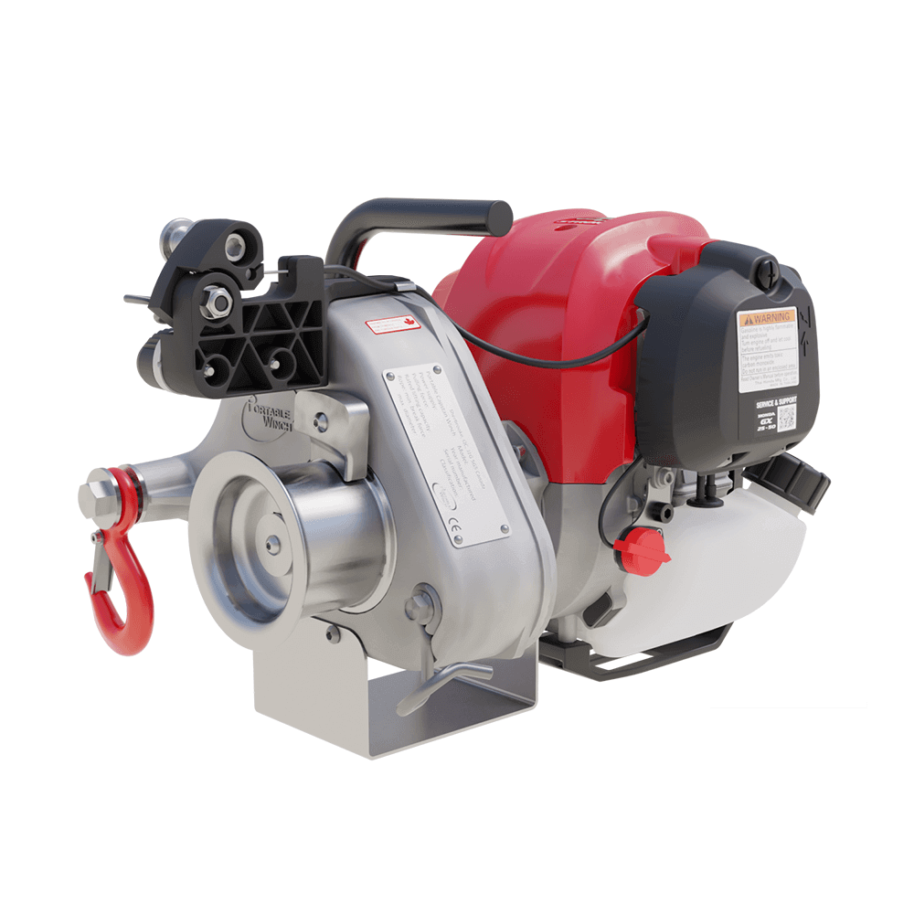 A portable petrol-powered winch with a red and silver body, black rope, and gray accents. The winch features a Honda engine and is designed for pulling tasks in outdoor or construction environments.