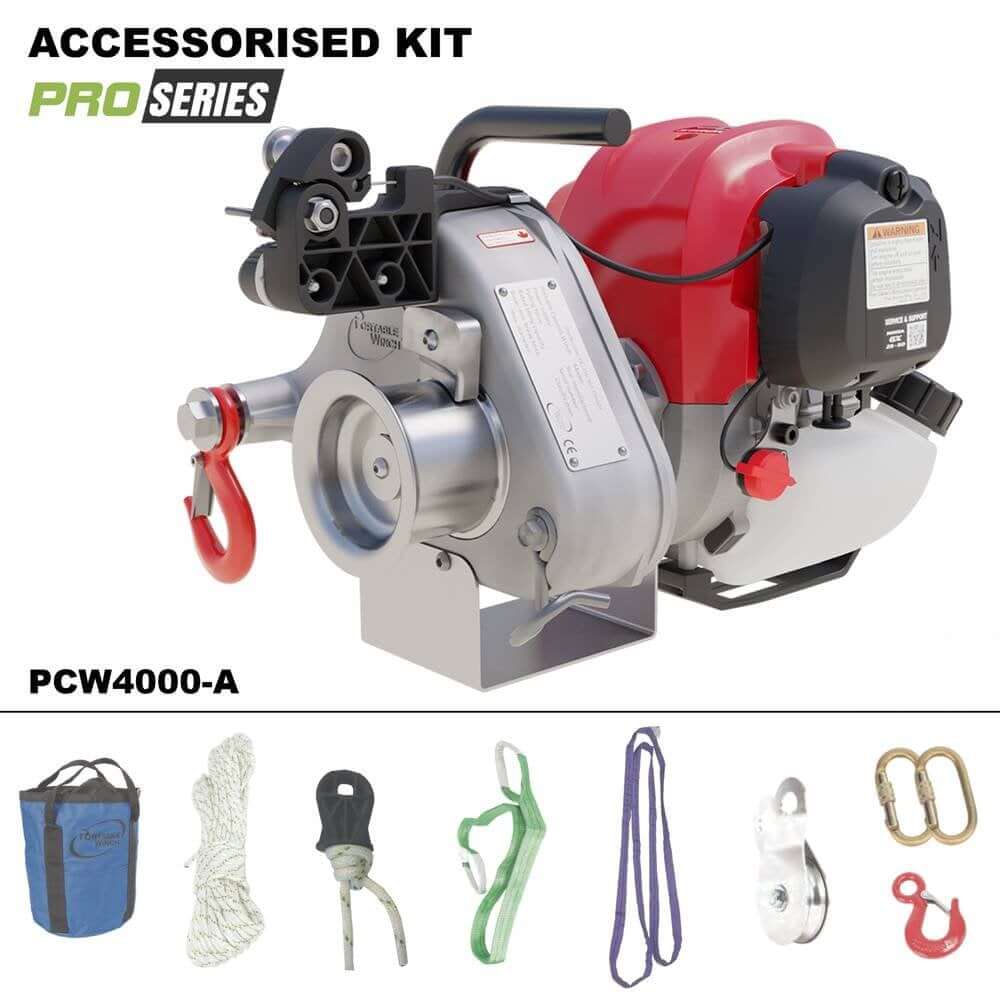 Pro Series accessorised kit with PCW4000-A winch and accessories on a white background
