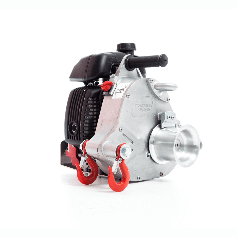 Portable PCW5000-HS Petrol Winch with red hooks for high-speed pulling, ideal for tree surgeons and heavy lifting tasks.