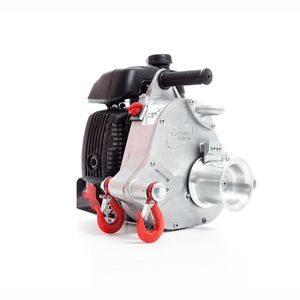 Portable PCW5000-HS Petrol Winch with red hooks for high-speed pulling, ideal for tree surgeons and heavy lifting tasks.
