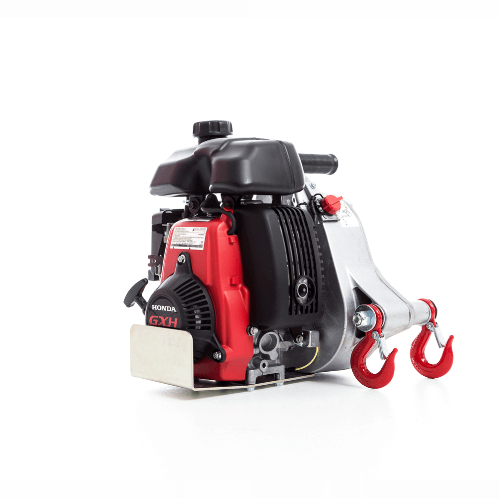 PCW5000-HS high-speed petrol winch with Honda engine and red hooks for efficient pulling tasks.