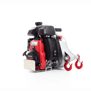 PCW5000-HS high-speed petrol winch with Honda engine and red hooks for efficient pulling tasks.