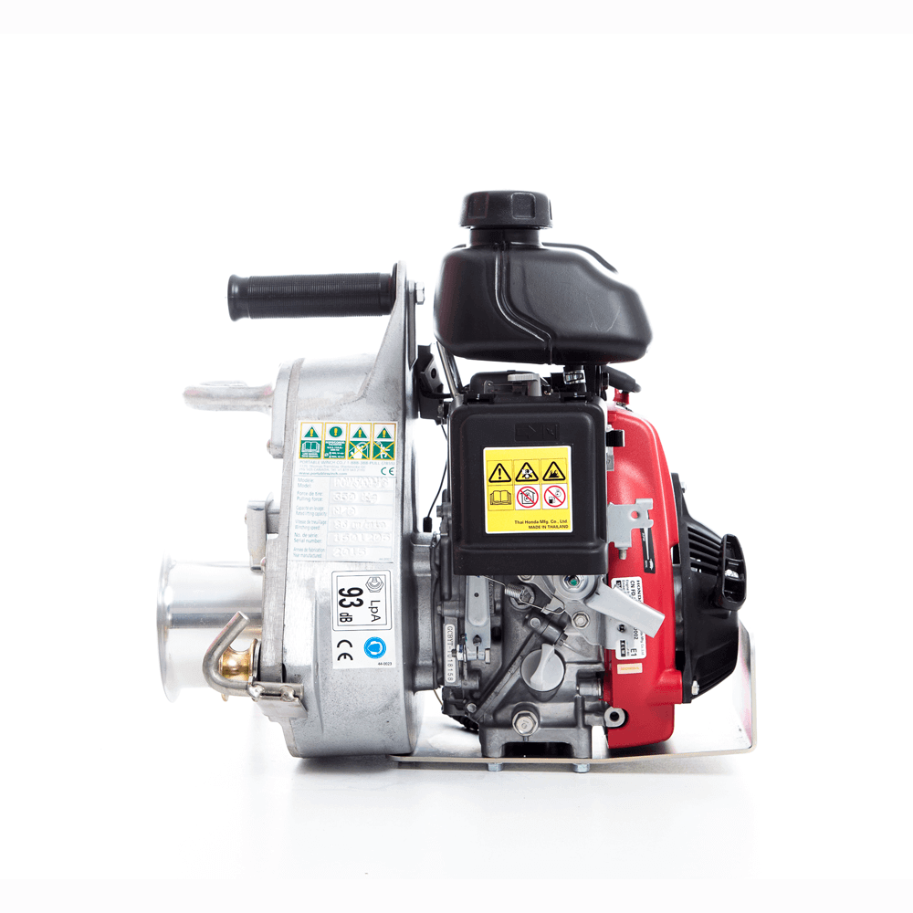 Close-up of Portable Winch PCW5000-HS petrol engine for high-speed pulling, ideal for tree surgeons.