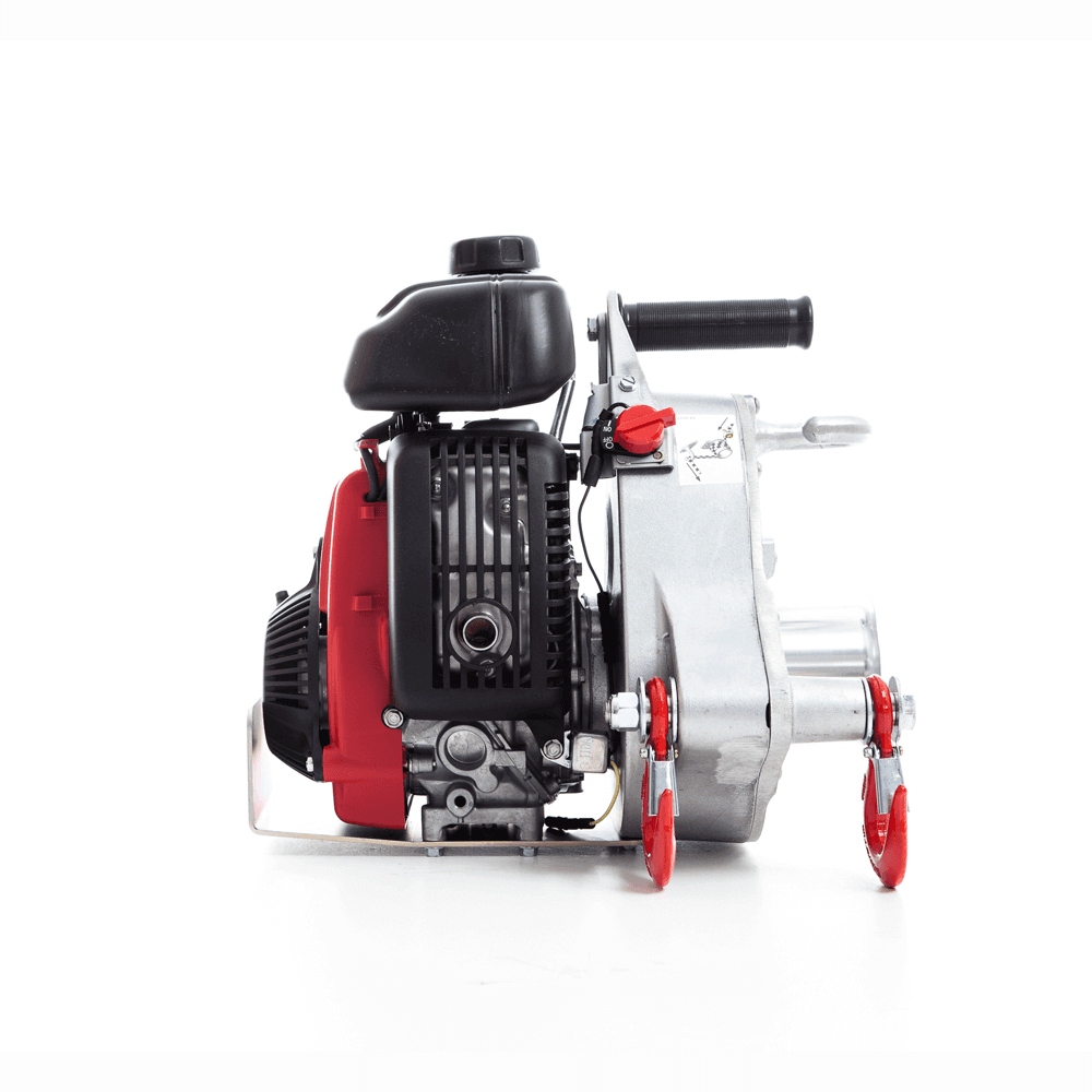 Portable PCW5000-HS high-speed petrol winch engine side view for tree surgeons and heavy object pulling.