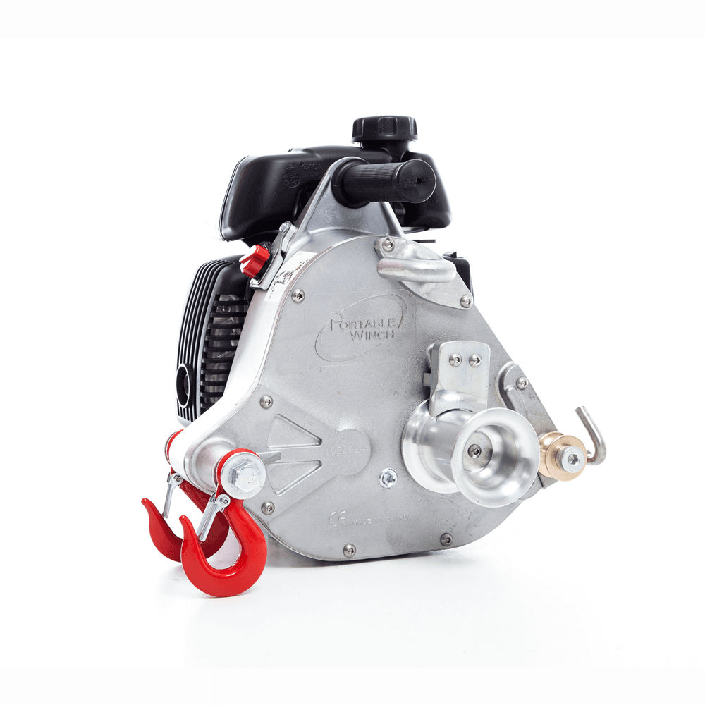 Portable winch engine with hooks, ideal for tree surgeons and arborists, featuring a Honda engine and durable design.
