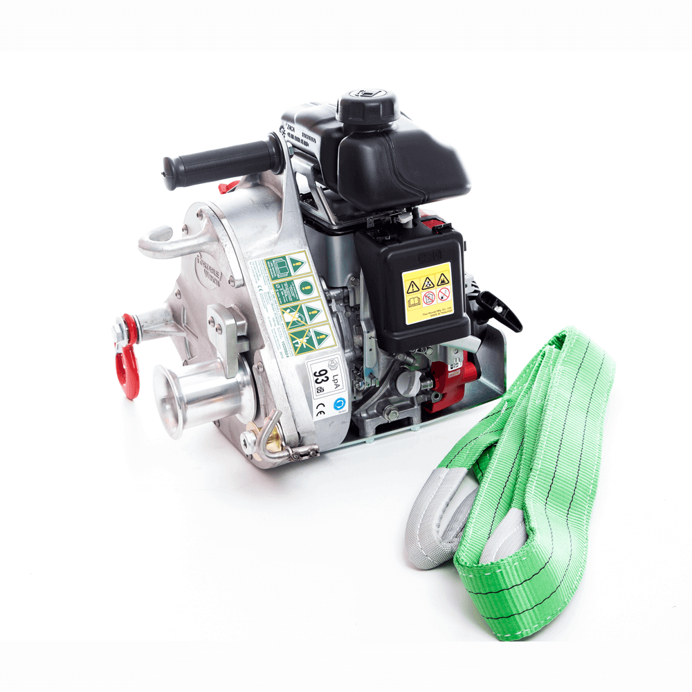 PCW5000 petrol pulling winch with Honda engine and green strap, ideal for tree surgeons and arborists.