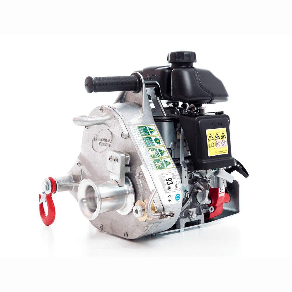 A Portable Winch PCW5000 Petrol Pulling Winch, with a silver body, black handles, and red safety labels, against a white background.