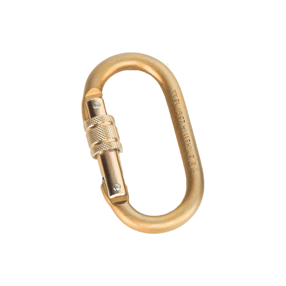 Gold carabiner on a white background