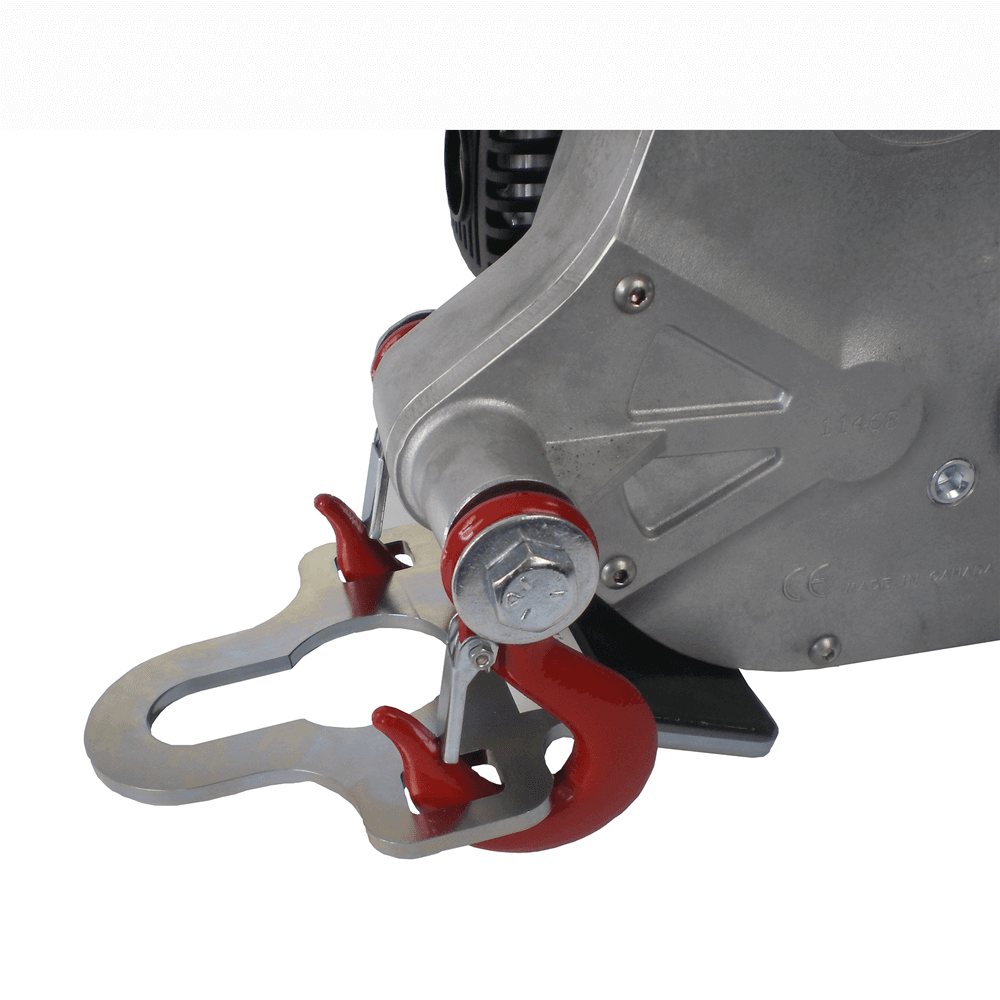 Close-up of winch anchor plate with red hooks, designed for off-road recovery and towing, ideal for Tree Surgeons.