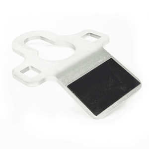 A silver-colored metal winch anchor plate with a key-hole shaped opening designed to be attached to a trailer hitch.