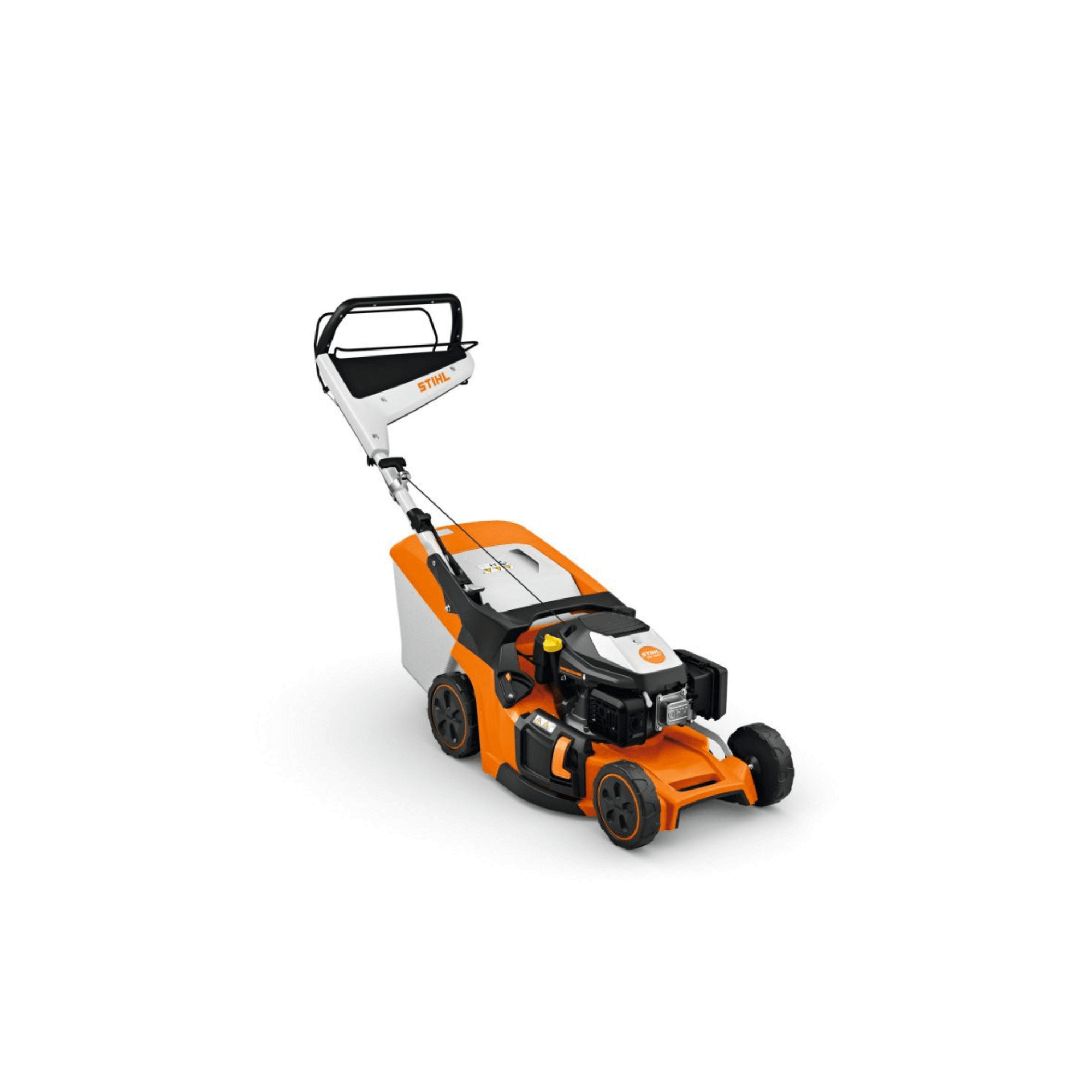 RM 448 T Self Propelled Petrol Lawn Mower in a stylish orange and white design for efficient lawn care.