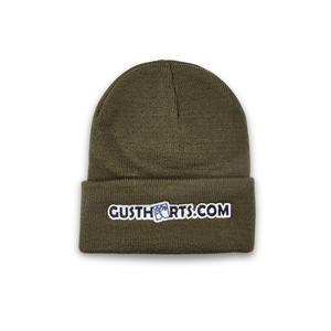 Green beanie with 'Gustharts.com' logo on a white background