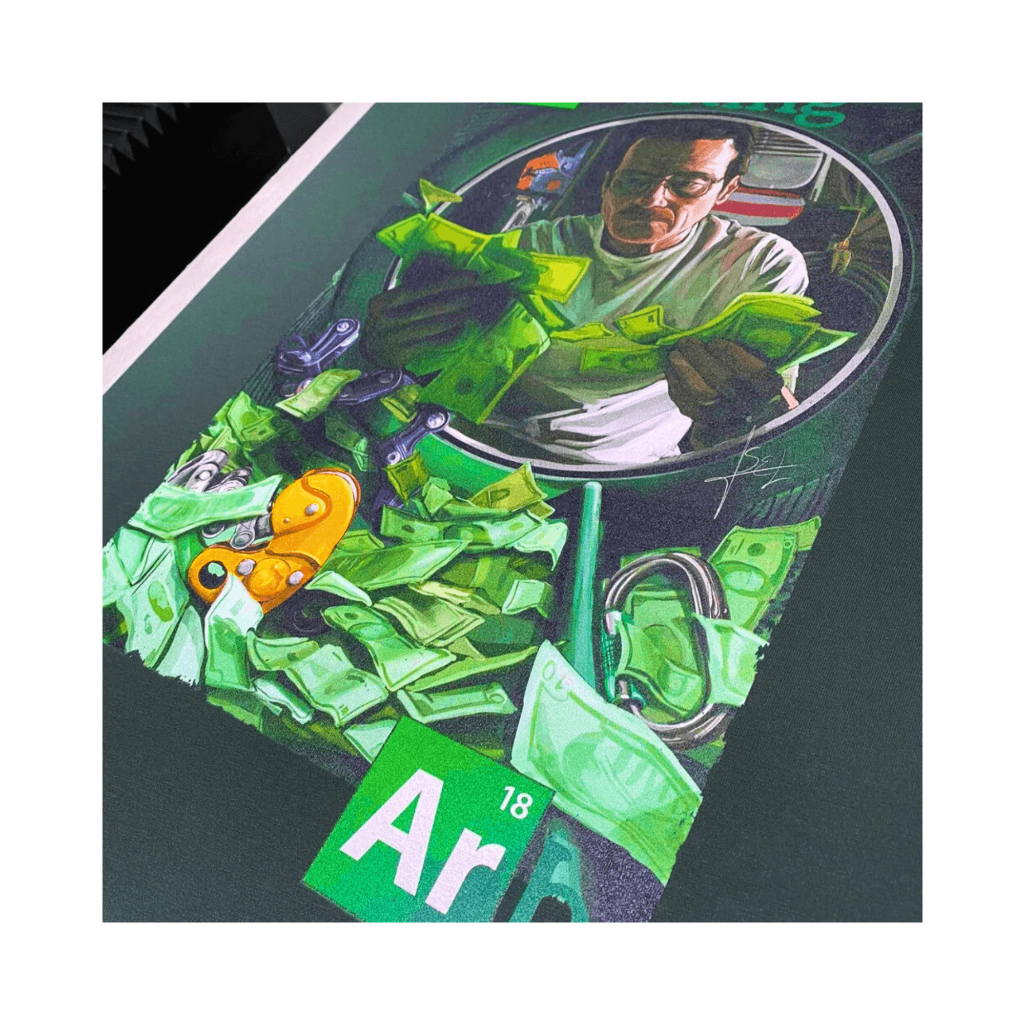 Breaking Arb T-Shirt featuring a humorous design inspired by Breaking Bad with money and a tree surgeon theme.