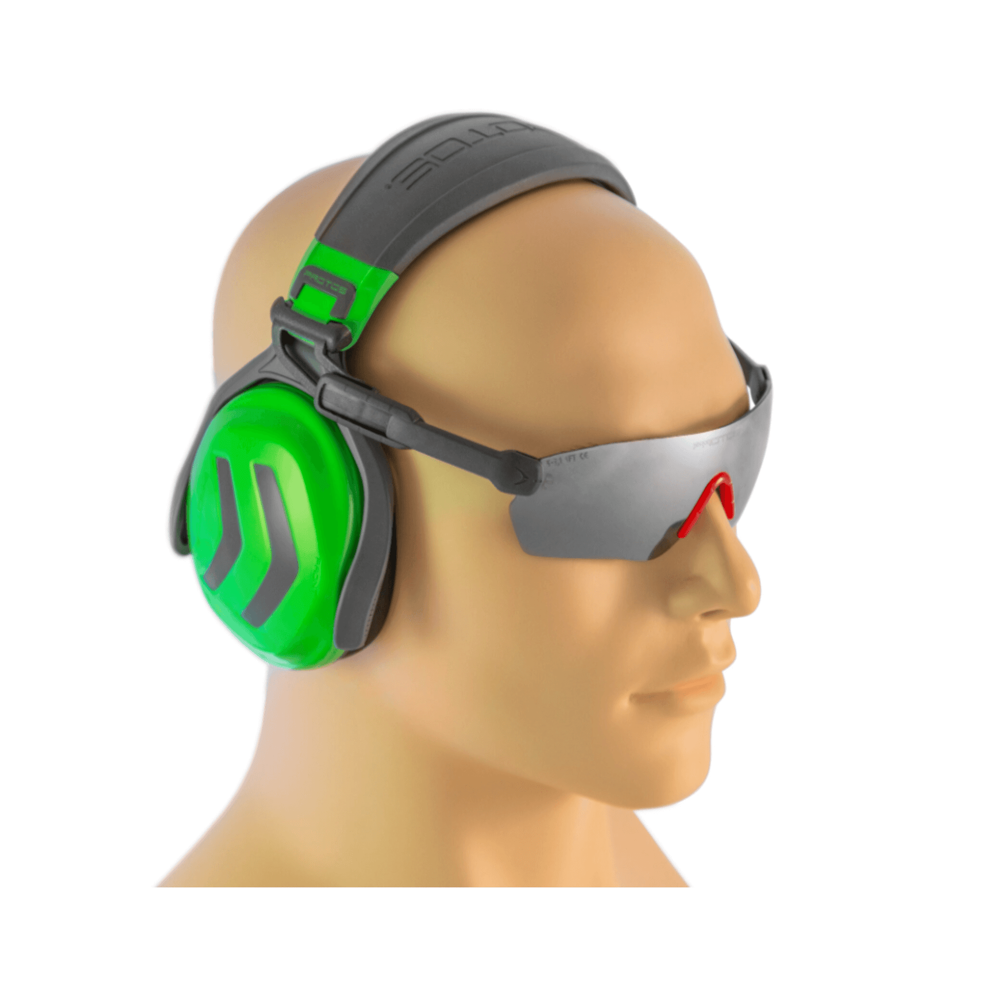 Ear Defender Glasses Clip with Protos headset and integrated safety glasses for tree surgeons and industrial users.