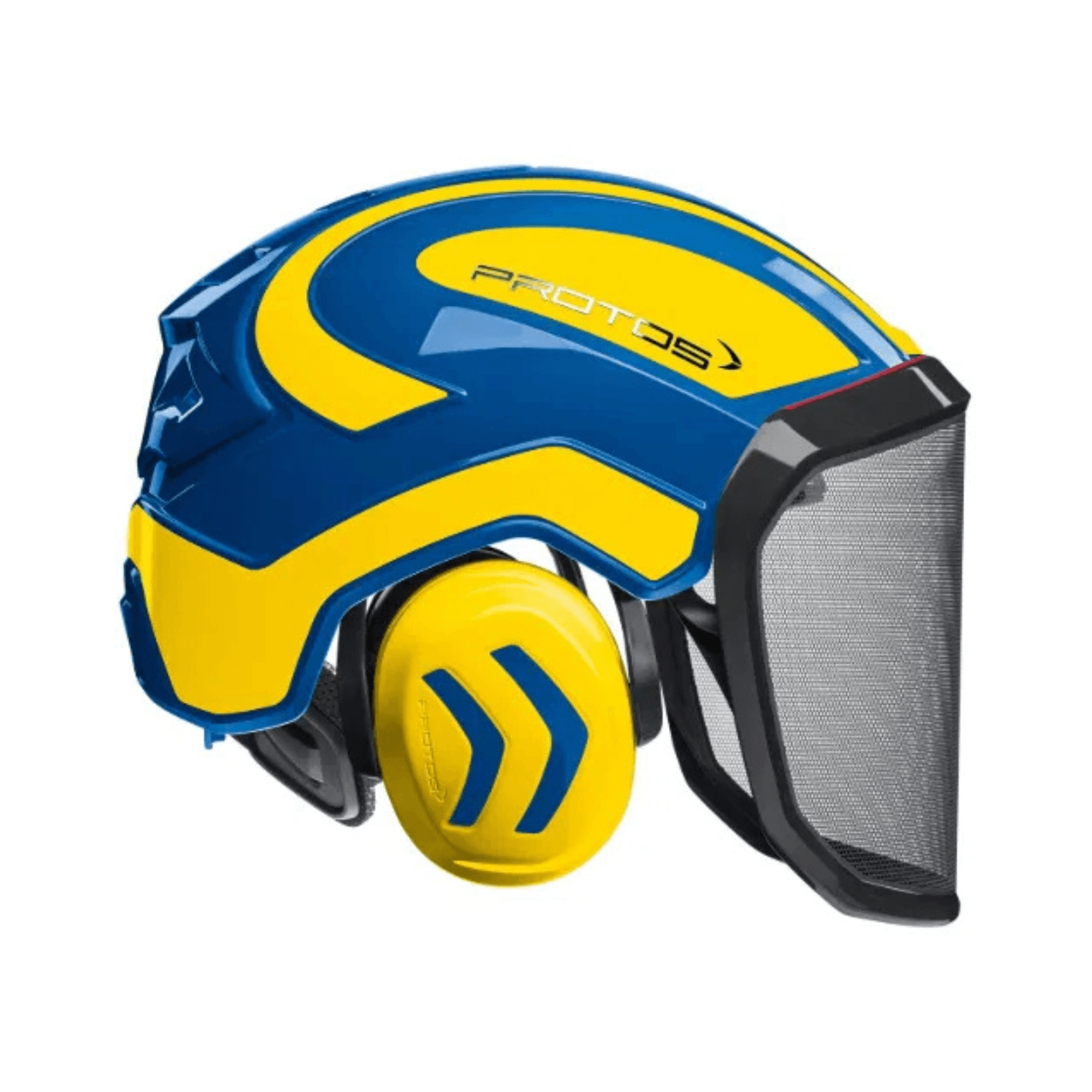 Integral Forest Chainsaw Helmet by PROTOS featuring integrated ear protection and face shield in blue and yellow design.