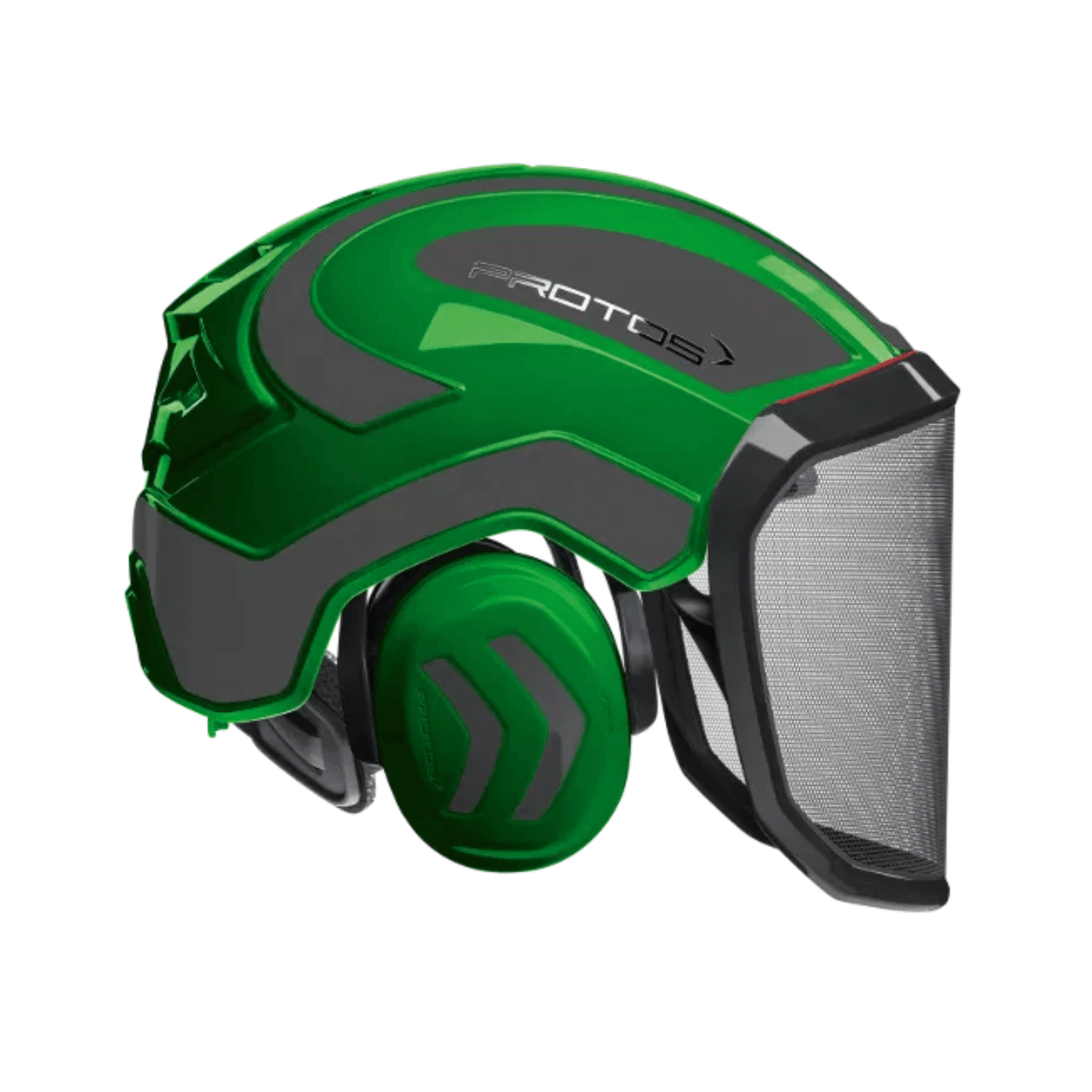 Integral Forest Chainsaw Helmet in green with protective face shield and ear protection for forestry work.