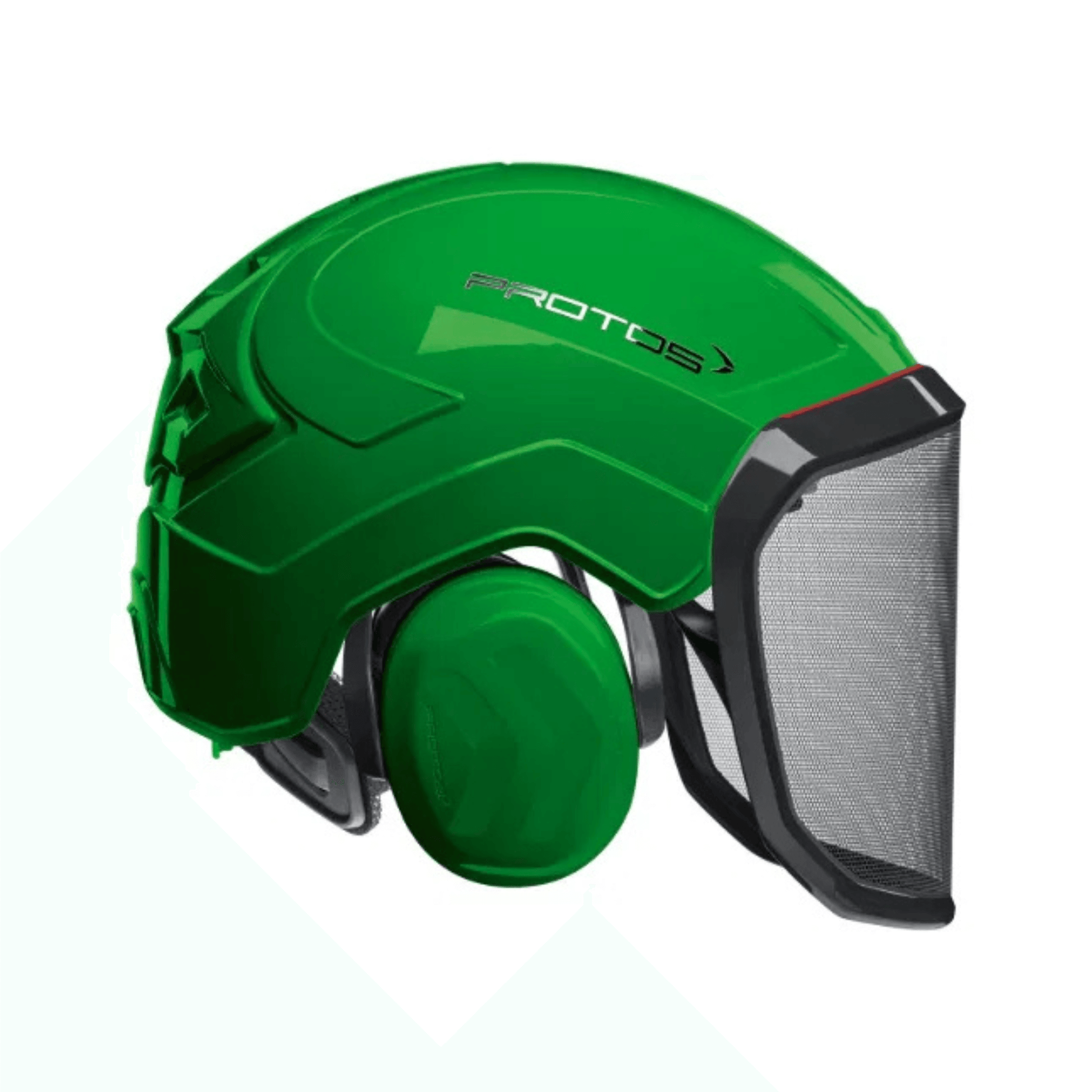 Integral Forest Chainsaw Helmet featuring Protos design in vibrant green with integrated hearing and face protection.