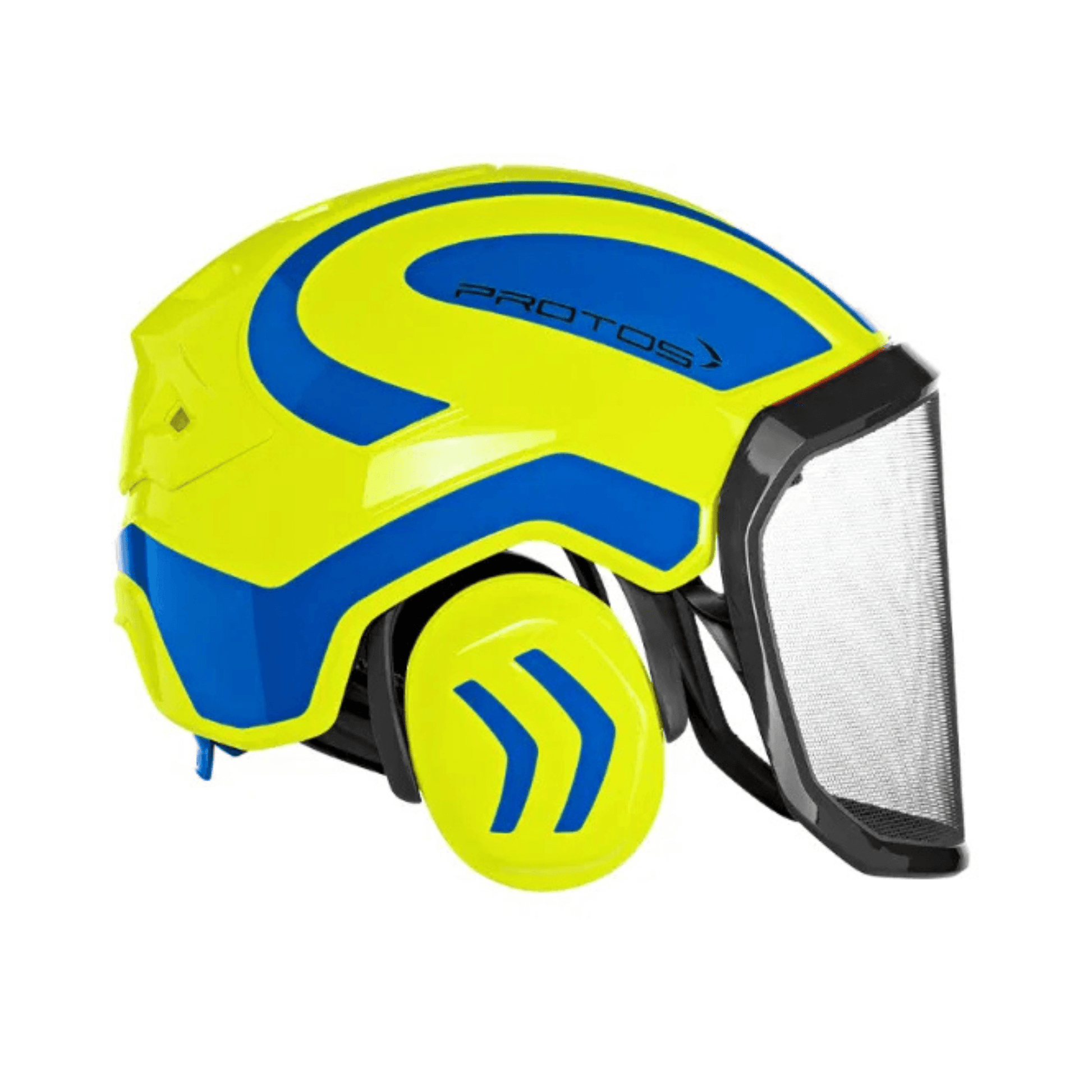 Integral Forest Chainsaw Helmet by PROTOS featuring integrated hearing and face protection in a vibrant design.