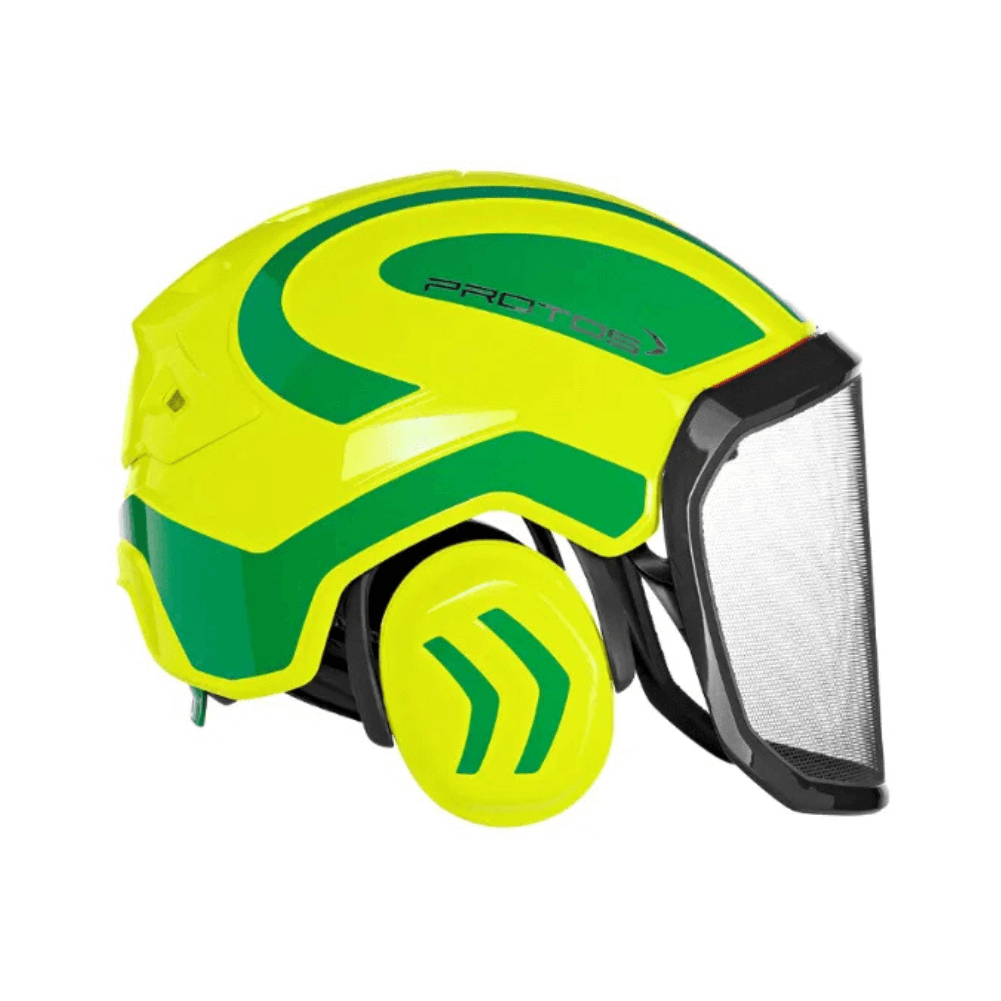 PROTOS Integral Forest Chainsaw Helmet in vibrant yellow and green, designed for optimal safety in forestry work.